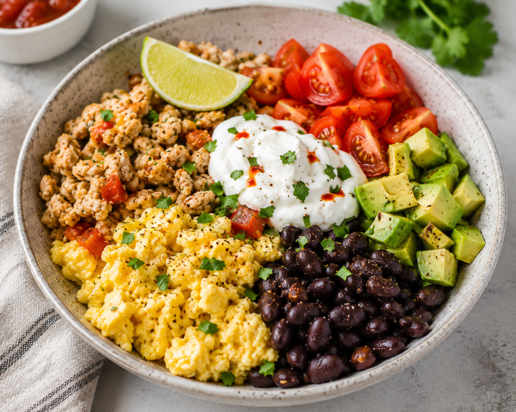 Turkey breakfast taco bowl under 400 calories with scrambled eggs, black beans, tomatoes, avocado, lime, herbs, and creamy yogurt topping.