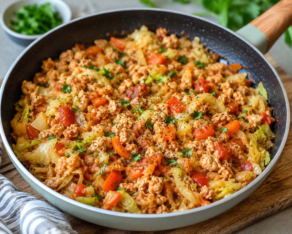 Turkey cabbage skillet with lean ground turkey, cabbage, carrots, tomatoes, and fresh parsley, served as a budget-friendly meal under 400 calories.