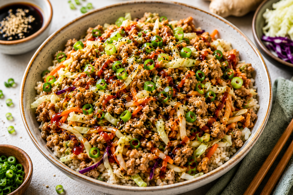 Turkey egg roll bowl under 400 calories with ground turkey, cabbage, carrots, rice, sesame seeds, green onions, and spicy soy drizzle.