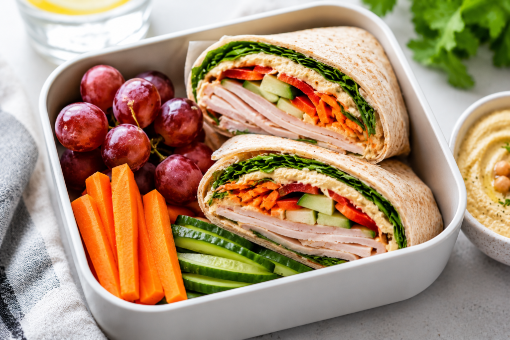 Turkey hummus crunch wraps with fresh vegetables, spinach, cucumber, carrots, and grapes packed in a healthy no-reheat lunchbox under 400 kcal.