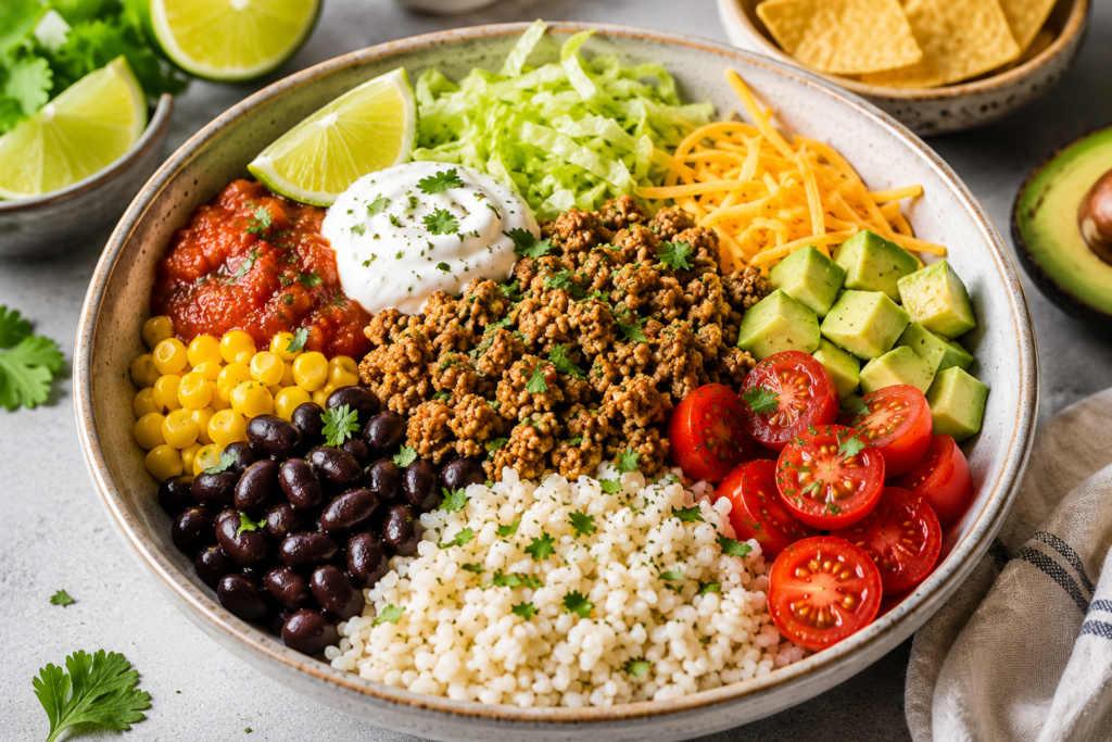 Turkey taco bowl under 400 calories with seasoned ground turkey, rice, black beans, corn, salsa, avocado, lettuce, and lime.