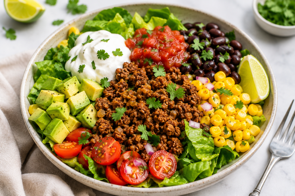 Turkey taco salad bowl with seasoned ground turkey, romaine lettuce, black beans, corn, avocado, cherry tomatoes, salsa, Greek yogurt, cilantro, and lime.