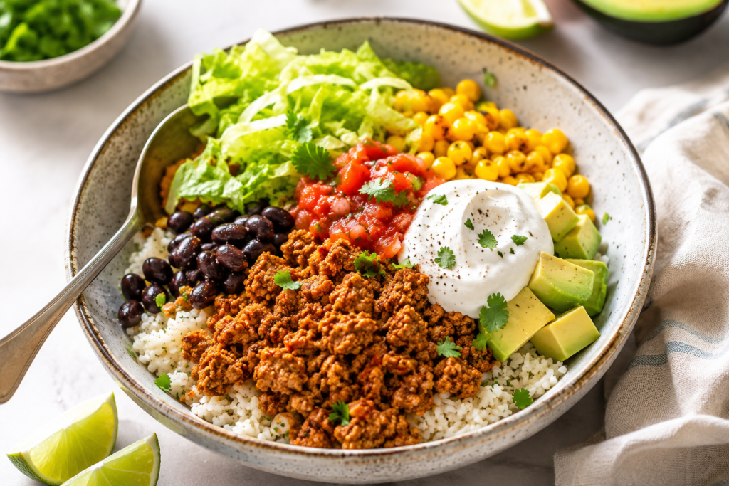 Turkey taco skillet bowl with rice, seasoned ground turkey, black beans, corn, salsa, lettuce, avocado, and Greek yogurt, served as an easy dinner under 400 calories.