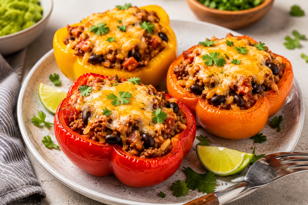 Turkey taco stuffed peppers with melted cheese, rice, and black beans cooked in the air fryer for a healthy meal under 400 calories.