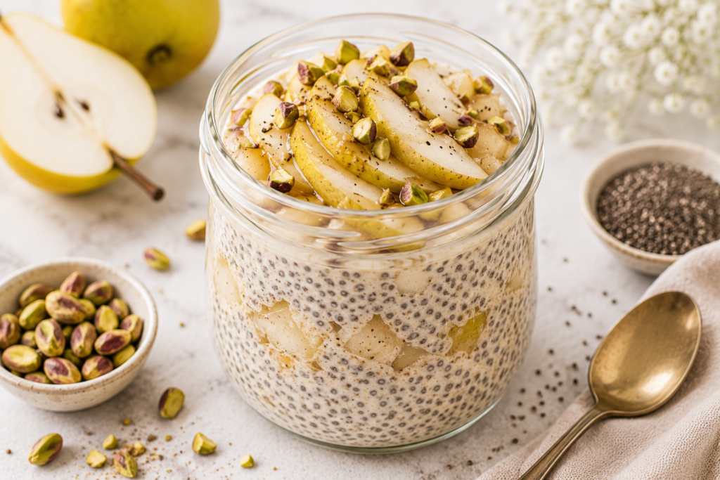Vanilla pear pistachio chia pudding topped with sliced pear and chopped pistachios in a creamy overnight breakfast jar.