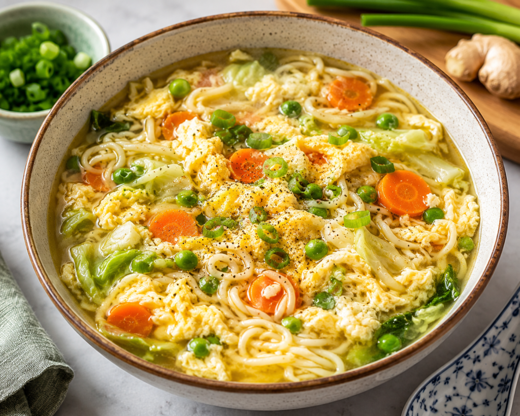 Vegetable egg drop noodle soup with egg ribbons, noodles, cabbage, carrots, peas, and green onion, served as a budget-friendly meal under 400 calories.