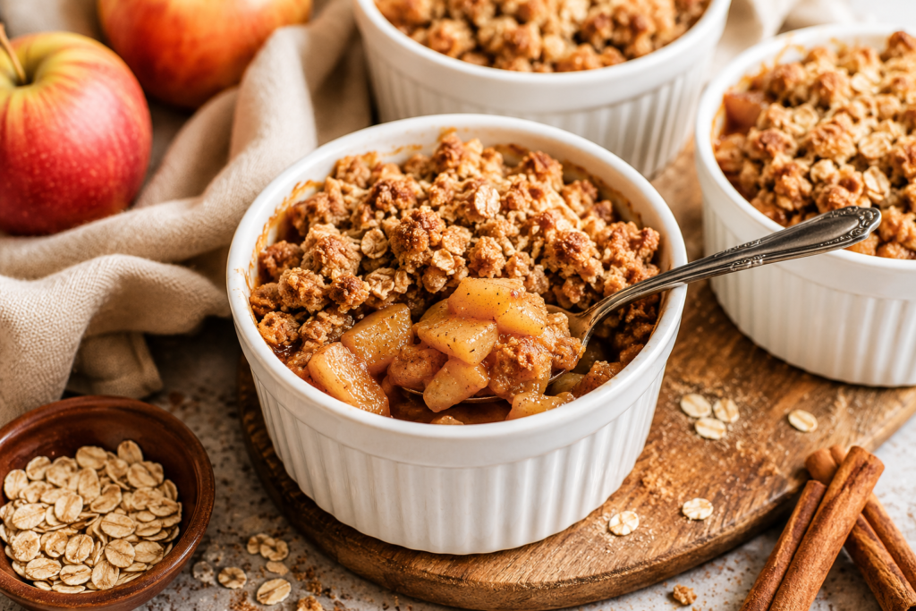 Warm apple crumble cups with cinnamon apples and golden oat topping served in white ramekins.
