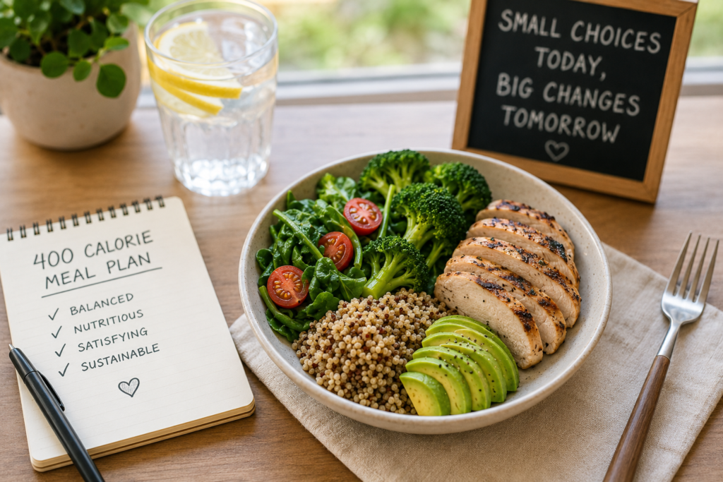 Balanced 400-calorie meal plan image showing a healthy bowl with grilled chicken, quinoa, avocado and vegetables, alongside a notebook and lemon water in a bright kitchen scene.