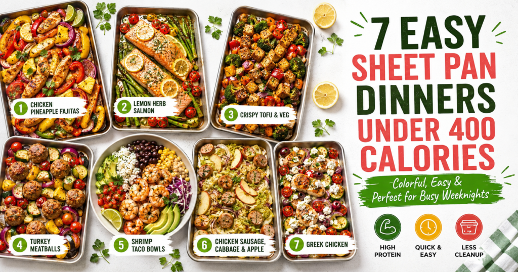 7 easy sheet pan dinners under 400 calories with chicken pineapple fajitas, lemon herb salmon, crispy tofu, turkey meatballs, shrimp taco bowls, chicken sausage, and Greek chicken.