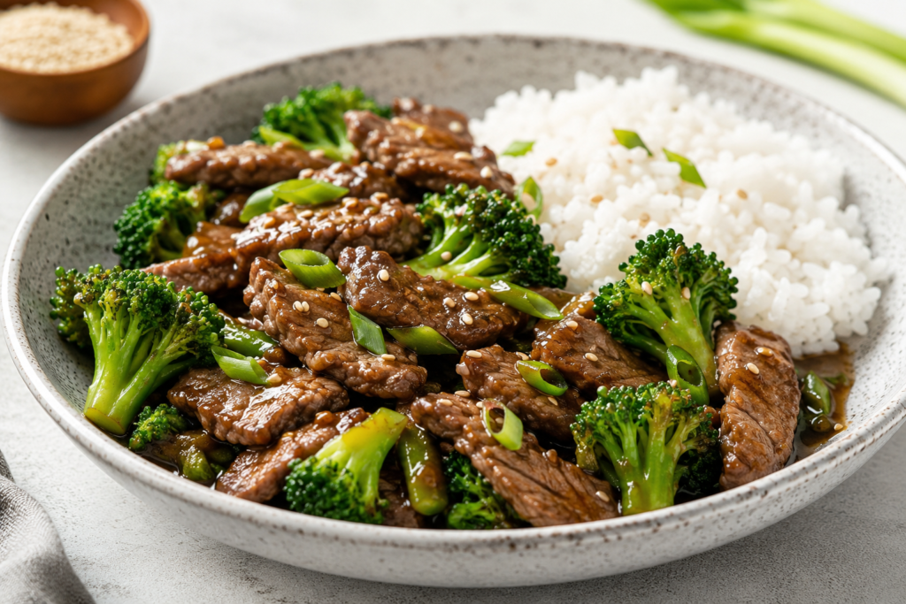 Beef and broccoli stir fry with rice, served in a bowl with lean beef strips, broccoli, green onion, and sesame seeds as an easy 400 kcal dinner.