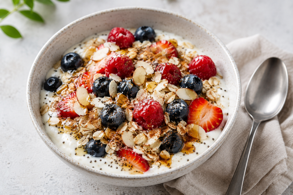 Berry oat Greek yogurt crunch bowl topped with mixed berries, sliced almonds, chia seeds, oats and a light honey drizzle.