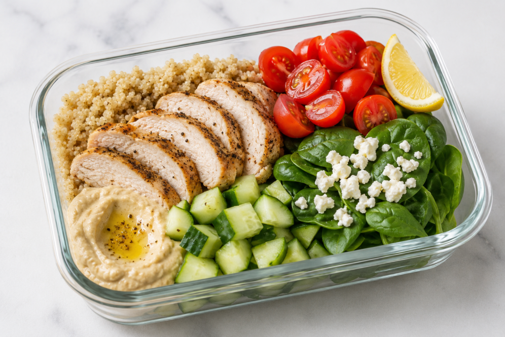 Chicken hummus quinoa lunchbox with sliced chicken breast, quinoa, cucumber, cherry tomatoes, spinach and crumbled feta.