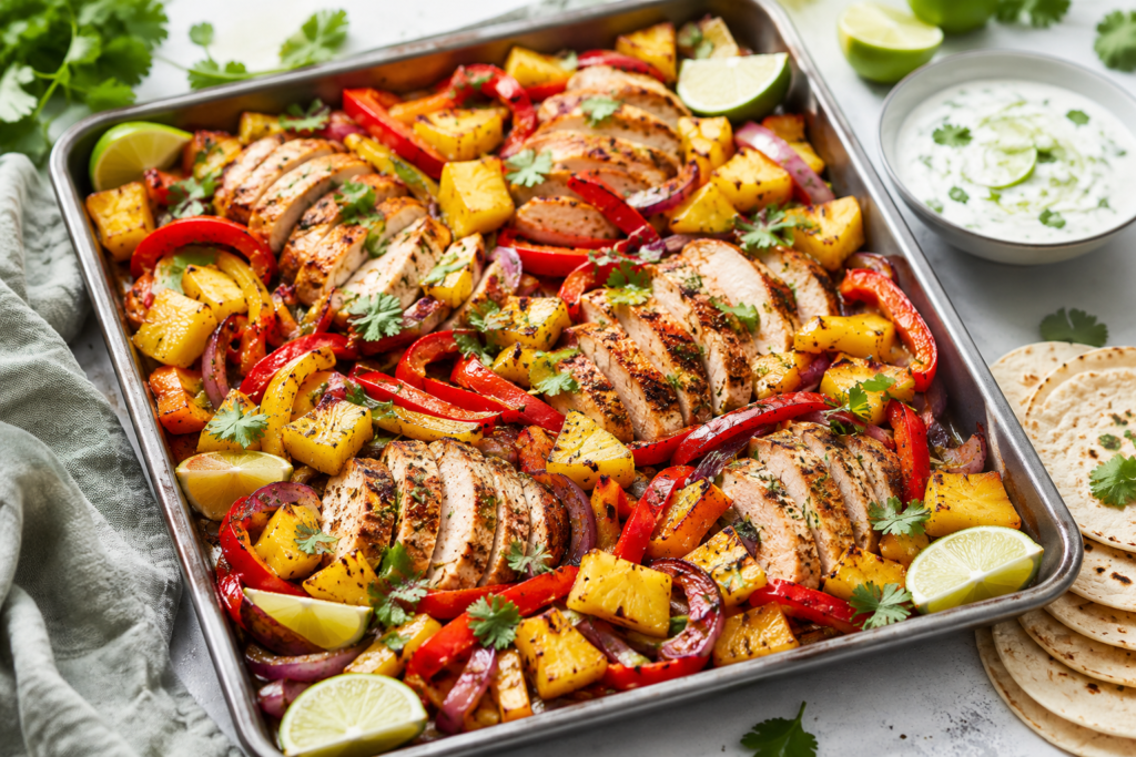 Chicken pineapple fajita sheet pan dinner under 400 calories with roasted chicken, bell peppers, red onion, pineapple, lime, tortillas, and yogurt sauce.