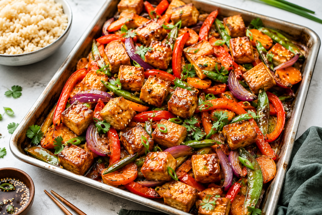 Crispy tofu and vegetables with sesame soy glaze under 400 calories, served on a sheet pan with bell peppers, carrots, snap peas, red onion, and brown rice.