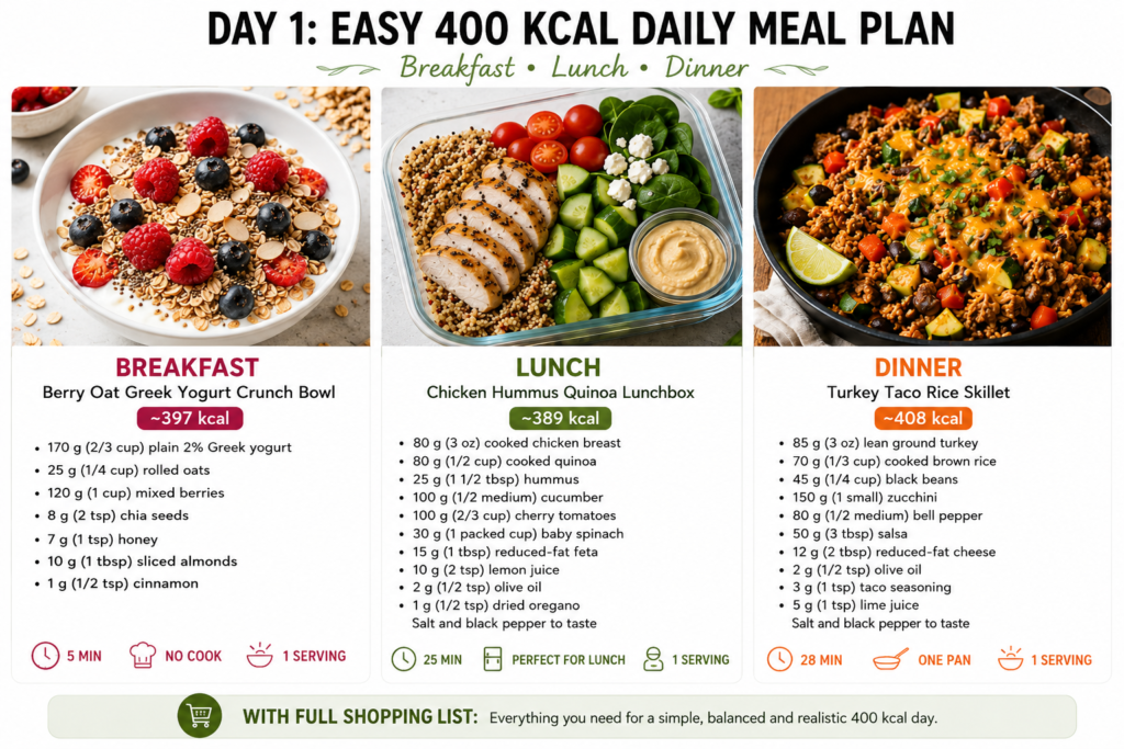 Day 1 400 kcal daily meal plan collage with berry oat Greek yogurt breakfast bowl, chicken hummus quinoa lunchbox and turkey taco rice skillet.