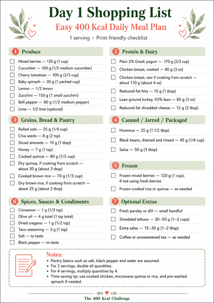 Printable Day 1 shopping list for an easy 400 kcal daily meal plan, organized by produce, protein, dairy, pantry items, frozen foods and condiments.