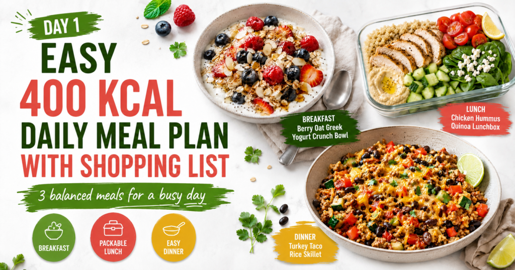 Day 1 easy 400 kcal daily meal plan with berry oat Greek yogurt breakfast bowl, chicken hummus quinoa lunchbox and turkey taco rice skillet.