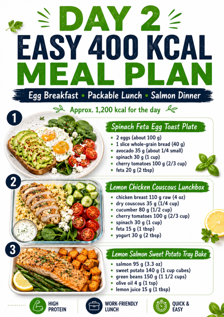 Day 2 easy 400 kcal meal plan with spinach feta egg toast, lemon chicken couscous lunchbox, and lemon salmon sweet potato tray bake.