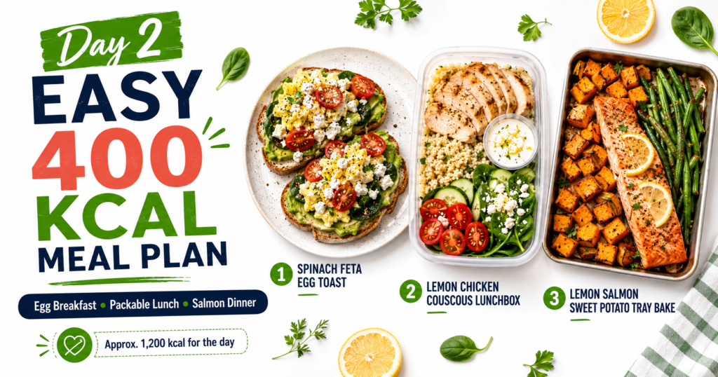 Day 2 easy 400 kcal meal plan with spinach feta egg toast, lemon chicken couscous lunchbox, and lemon salmon sweet potato tray bake.