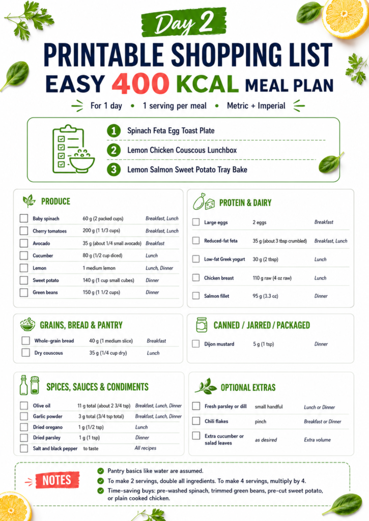 Printable shopping list for Day 2 easy 400 kcal meal plan with metric and imperial ingredients for egg breakfast, chicken couscous lunchbox, and salmon dinner.