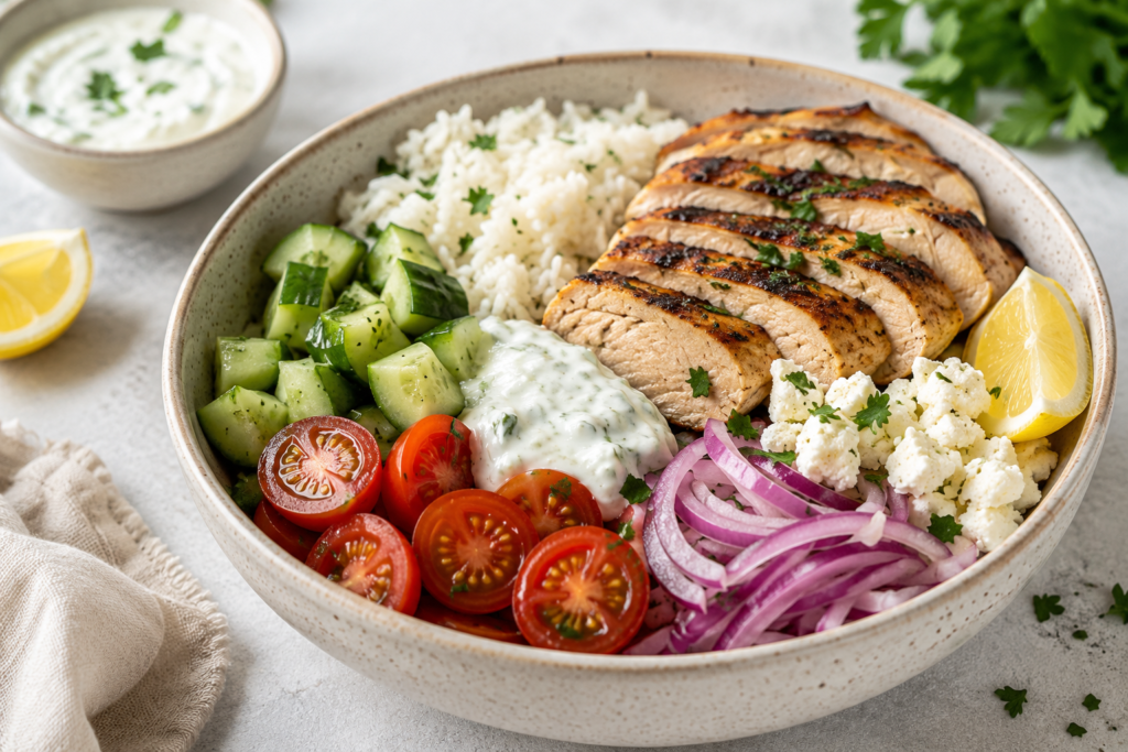 Greek chicken rice bowl with grilled chicken, rice, cucumber, cherry tomatoes, red onion, feta, and yogurt sauce, served as an easy 400 kcal lunch.