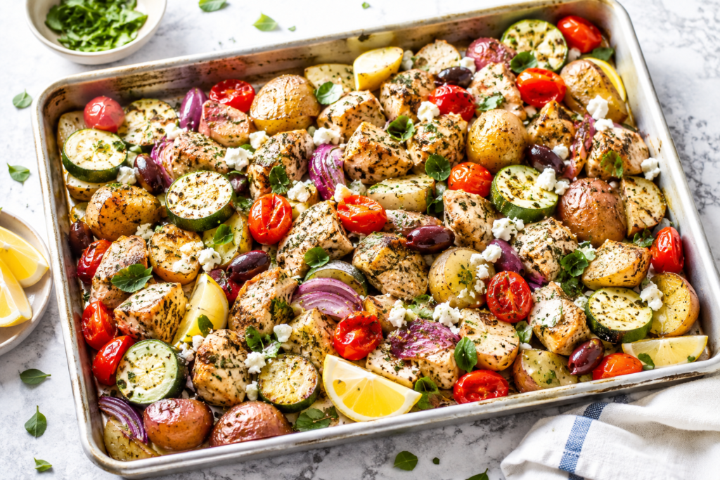 Greek chicken with potatoes, zucchini and feta under 400 calories, baked on a sheet pan with cherry tomatoes, red onion, olives, lemon, and herbs.