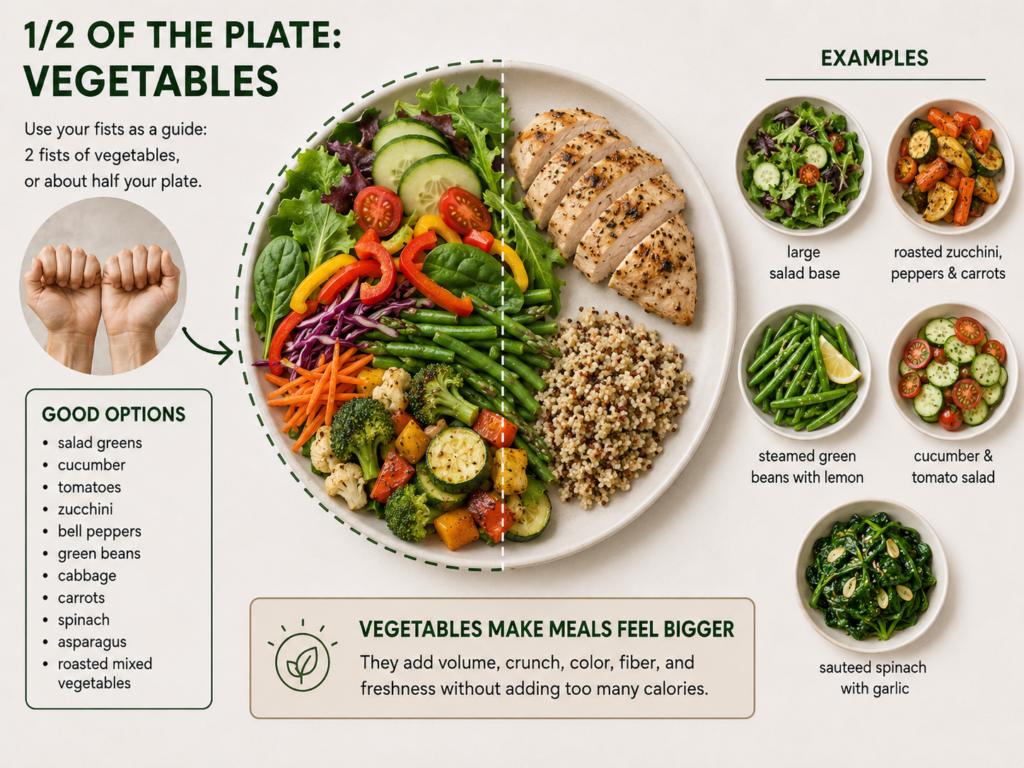 Vegetable portion guide for a balanced 400-calorie meal, showing half the plate filled with colorful vegetables and examples such as salad greens, roasted zucchini, steamed green beans, cucumber tomato salad and sautéed spinach.