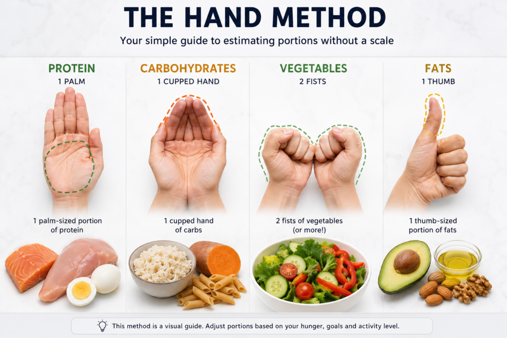 Infographic showing the hand method for estimating food portions without a scale, with palm-sized protein, cupped-hand carbohydrates, two fists of vegetables and thumb-sized fats.