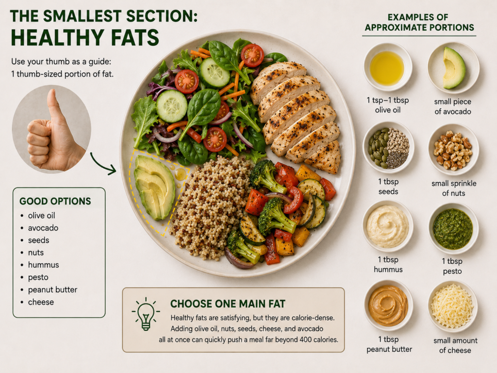 Healthy fats portion guide for a balanced 400-calorie meal, showing thumb-sized servings of olive oil, avocado, seeds, nuts, hummus, pesto, peanut butter and cheese.