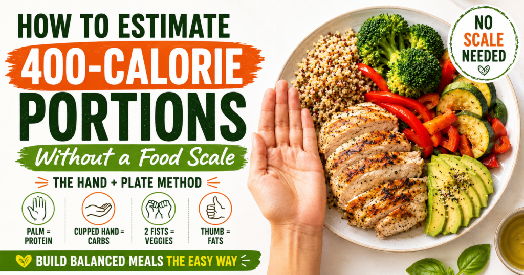Featured image for a portion control guide showing a balanced 400-calorie meal with grilled chicken, quinoa, vegetables and avocado, plus hand and plate method icons for estimating portions without a food scale.