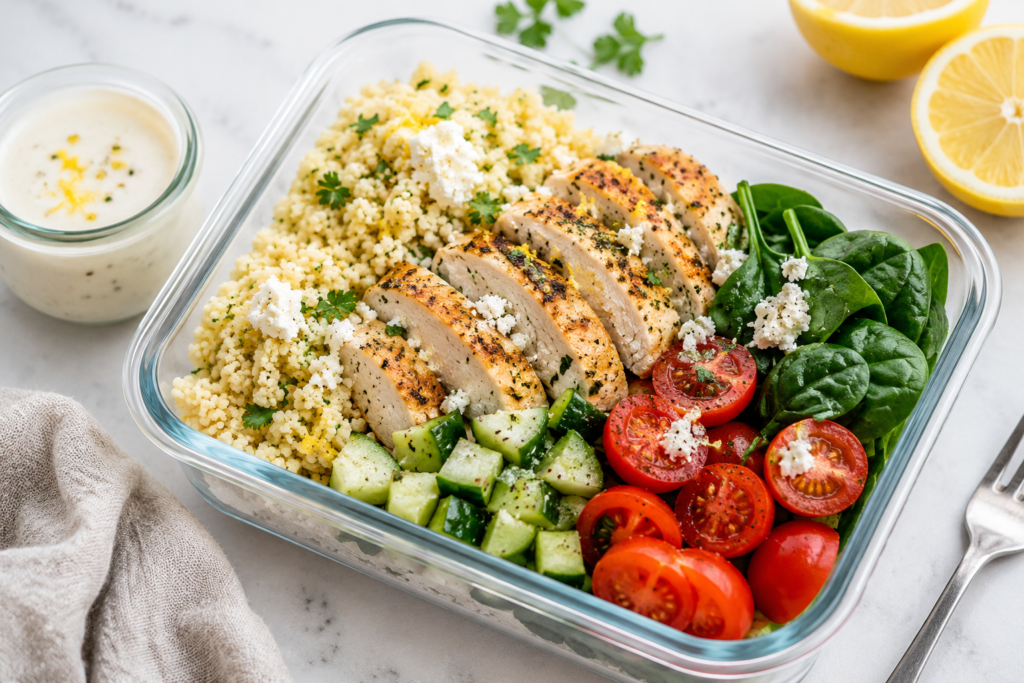 Lemon chicken couscous lunchbox with sliced chicken breast, fluffy couscous, cucumber, cherry tomatoes, baby spinach, feta, and lemon yogurt dressing.