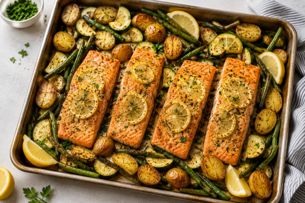 Lemon herb salmon with green beans and potatoes under 400 calories, baked on a sheet pan with zucchini, roasted baby potatoes, and lemon slices.