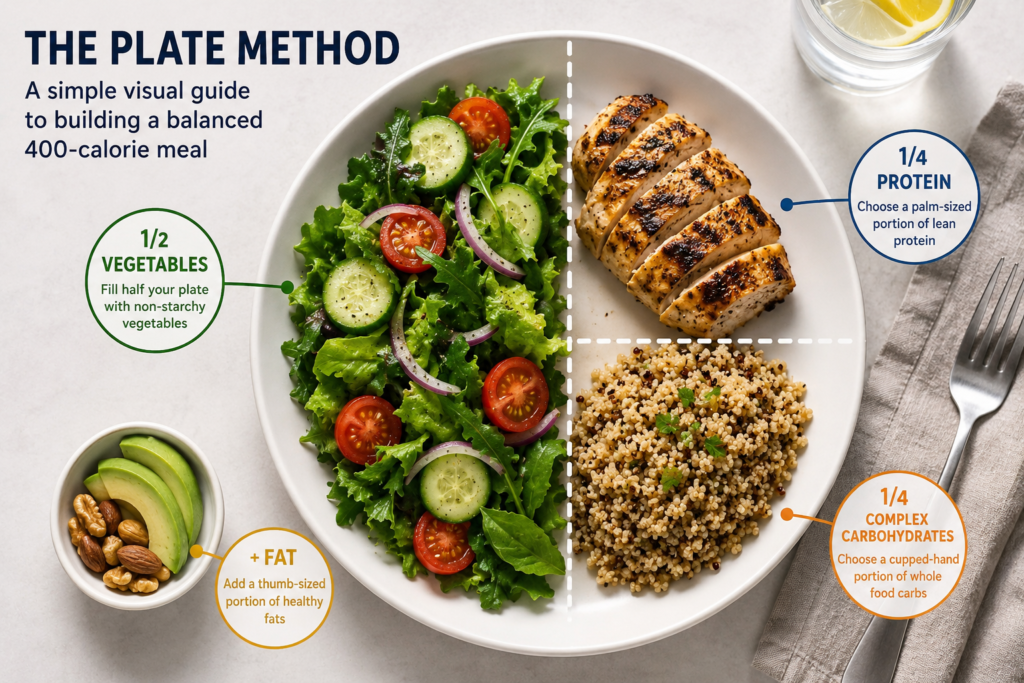 Plate method infographic showing a balanced 400-calorie meal with half vegetables, one-quarter grilled chicken protein, one-quarter complex carbohydrates and a small portion of healthy fats.