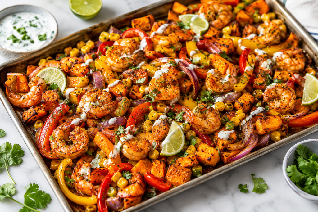 Shrimp taco sweet potato sheet pan bowls under 400 calories with roasted shrimp, sweet potatoes, bell peppers, corn, red onion, lime, cilantro, and yogurt-lime drizzle.