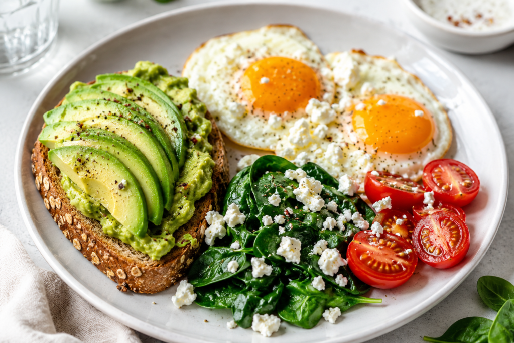 Spinach feta egg toast plate with avocado toast, two eggs, cherry tomatoes, wilted spinach, and crumbled feta for an easy 400 kcal breakfast.