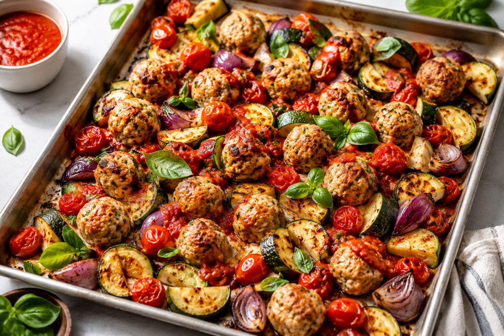 Turkey meatballs with zucchini and tomatoes under 400 calories, baked on a sheet pan with roasted red onion, cherry tomatoes, marinara sauce, and fresh basil.