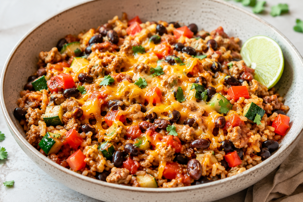 Turkey taco rice skillet with lean ground turkey, brown rice, black beans, zucchini, bell pepper and melted cheese.