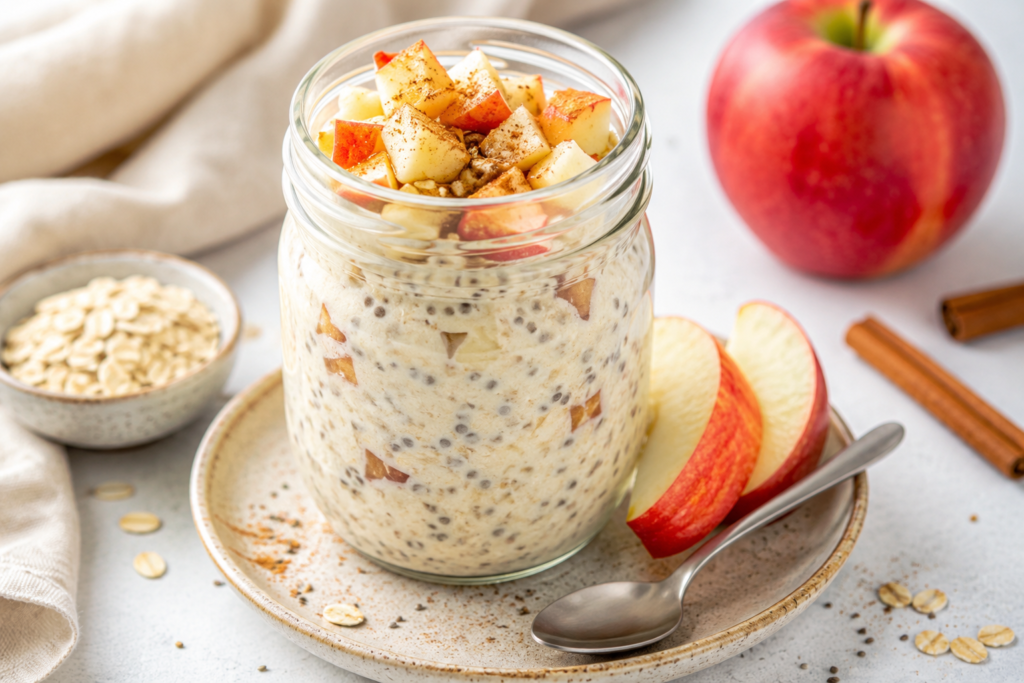Apple Cinnamon Overnight Oats topped with fresh diced apples, chia seeds, and cinnamon in a glass jar, an easy 400 kcal make-ahead breakfast.