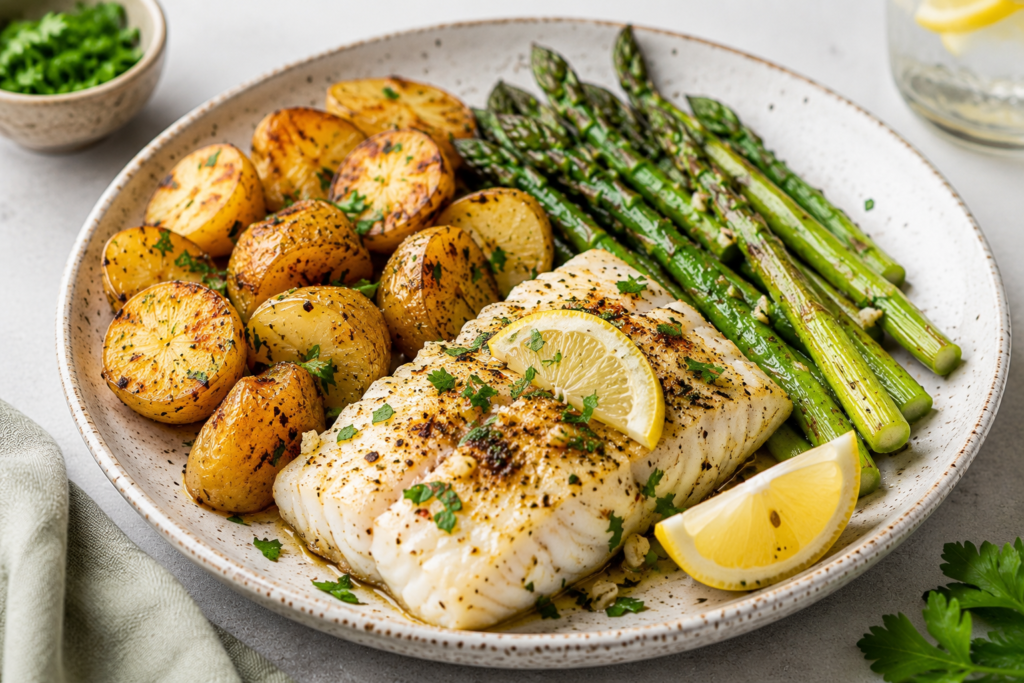 Baked cod with roasted baby potatoes, asparagus, lemon, and fresh parsley served on a ceramic plate, an easy 400 kcal healthy dinner.