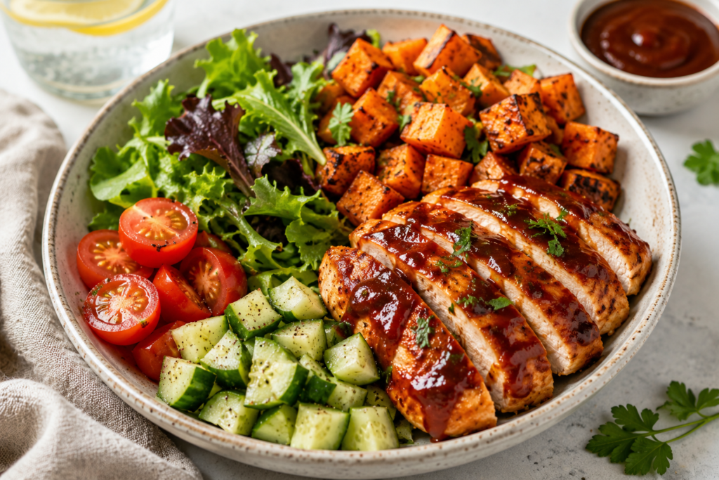 BBQ Chicken Sweet Potato Bowl with grilled chicken breast, roasted sweet potatoes, mixed greens, cherry tomatoes, and cucumber, an easy 400 kcal meal prep lunch.