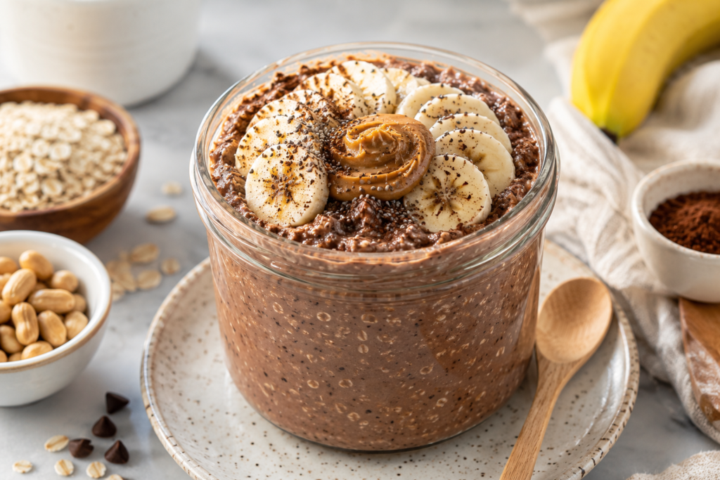 Creamy chocolate peanut butter overnight oats topped with banana slices, peanut butter, cocoa, and chia seeds.