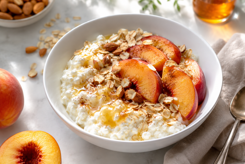 Creamy cottage cheese peach breakfast bowl topped with rolled oats, chopped almonds, honey, and cinnamon in bright natural morning light.