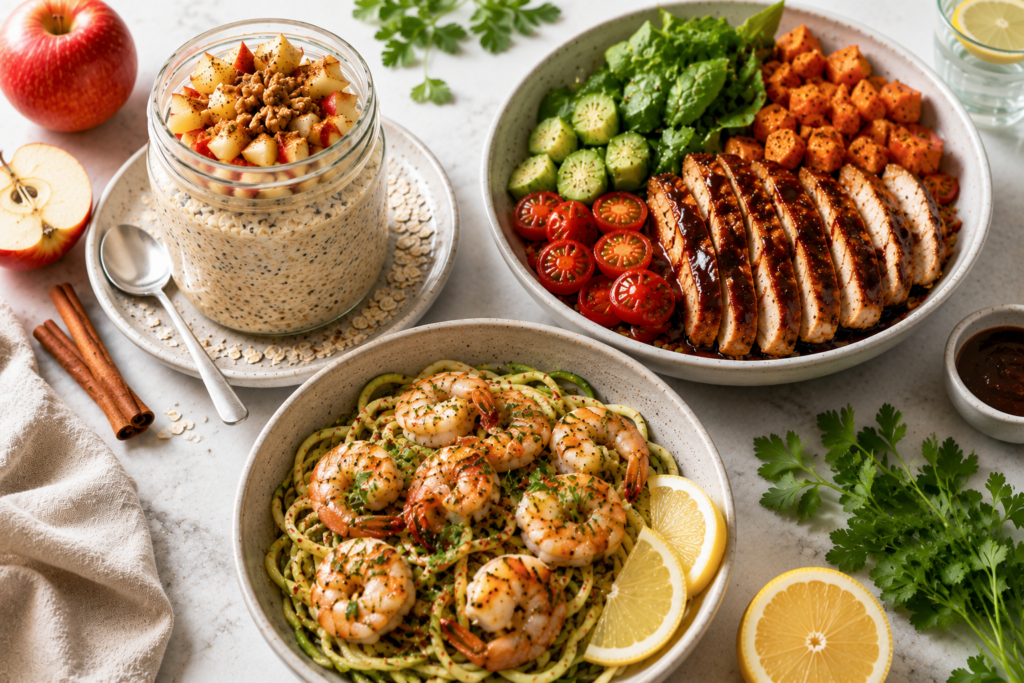 Collage of three easy 400 kcal meals featuring Apple Cinnamon Overnight Oats, BBQ Chicken Sweet Potato Bowl, and Lemon Garlic Shrimp with Zucchini Rice arranged on a light marble surface in bright natural daylight.
