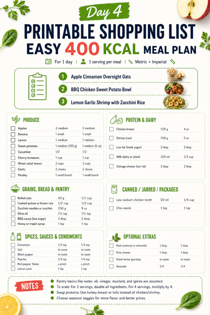 Printable shopping list for Day 4 easy 400 kcal meal plan featuring Apple Cinnamon Overnight Oats, BBQ Chicken Sweet Potato Bowl, and Lemon Garlic Shrimp with Zucchini Rice, with metric and imperial ingredient measurements.