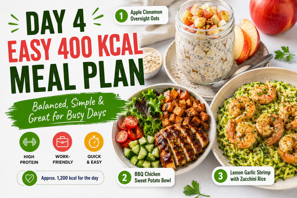 Day 4 easy 400 kcal daily meal plan featuring Apple Cinnamon Overnight Oats, BBQ Chicken Sweet Potato Bowl, and Lemon Garlic Shrimp with Zucchini Rice.