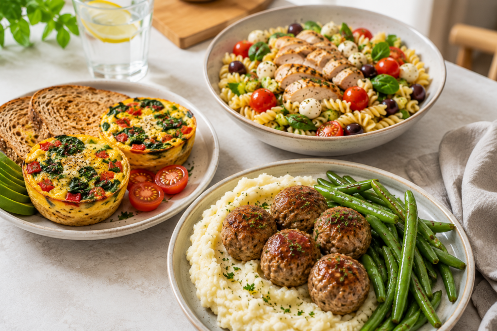 Day 5 400 kcal meal plan featuring veggie egg muffins with wholegrain toast, Italian chicken pasta salad, and turkey meatballs with creamy mashed cauliflower and green beans on a bright kitchen table.