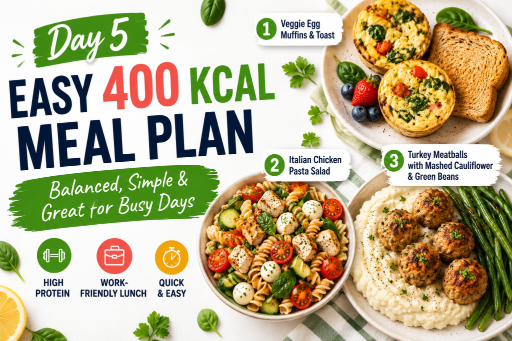 Day 5 Easy 400 Kcal Meal Plan featuring veggie egg muffins with toast, Italian chicken pasta salad, and turkey meatballs with mashed cauliflower and green beans.