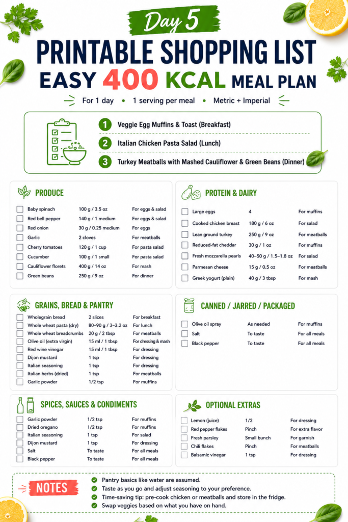 Printable shopping list for Day 5 Easy 400 Kcal Meal Plan featuring Veggie Egg Muffins & Toast, Italian Chicken Pasta Salad, and Turkey Meatballs with Creamy Mashed Cauliflower & Green Beans, organized by grocery category with metric and imperial measurements.