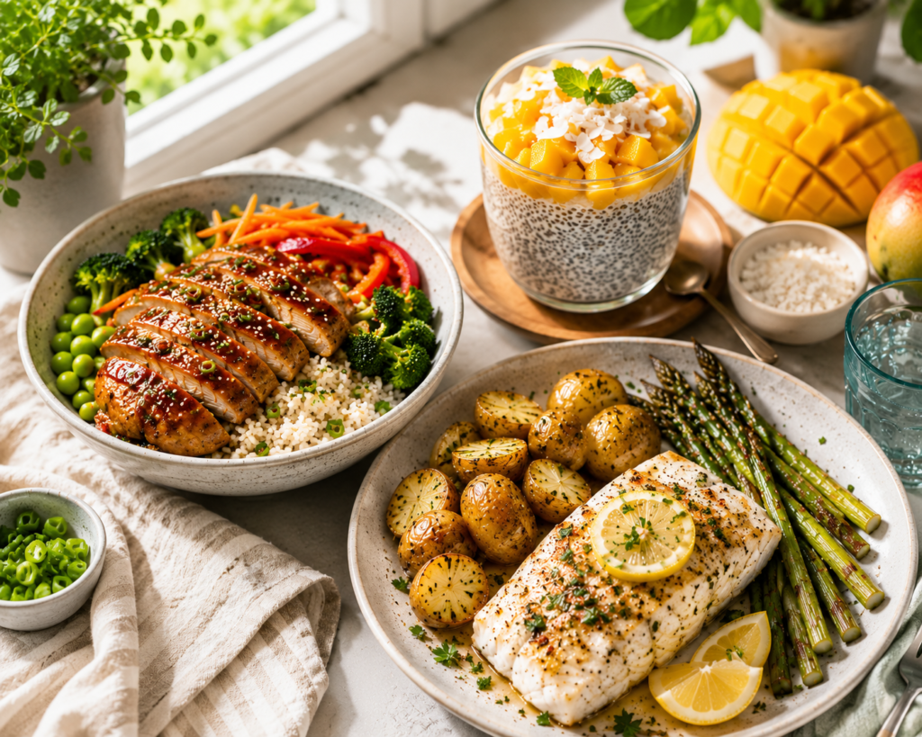 Three easy 400 kcal meals arranged on a bright kitchen table, including Mango Coconut Chia Pudding, Teriyaki Chicken Rice Bowl, and Baked Cod with Roasted Baby Potatoes and Asparagus.