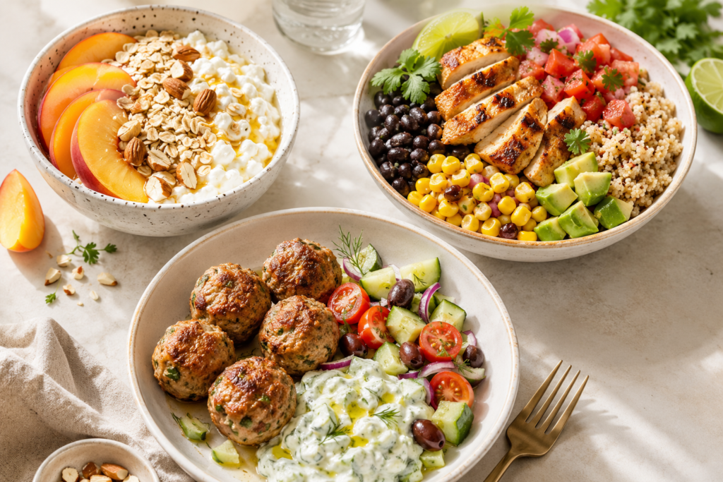 Day 7 easy 400 kcal meal plan featuring a cottage cheese peach bowl, Southwest chicken quinoa bowl, and Greek turkey meatballs with tzatziki salad.